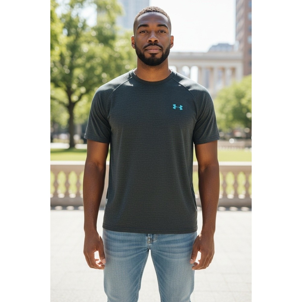 Under Armour HeatGear Mens 2XL Loose Fit Training Shirt Charcoal Gray Teal Logo